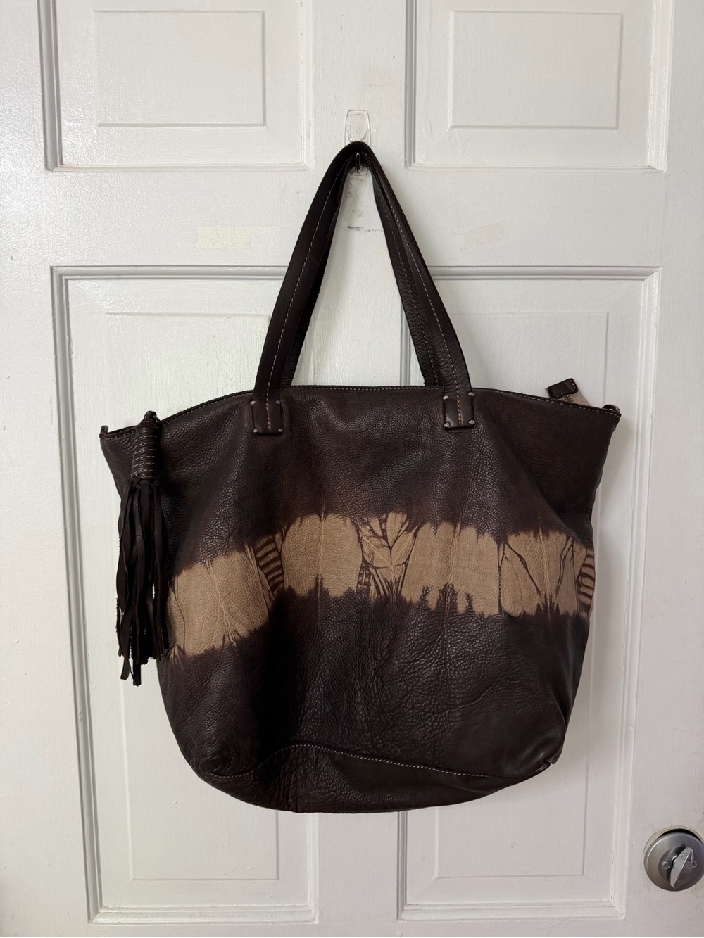 Dark Brown Leather Tote with Beige Tie-Dye Band